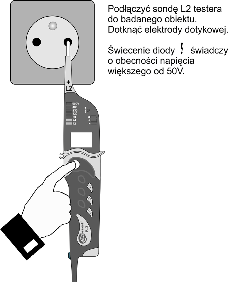 Uwagi: W sieciach zabezpieczonych wyłącznikiem RCD o prądzie nominalnym 10mA lub 30mA może nastąpić jego zadziałanie podczas pomiaru napięcia między L i PE.