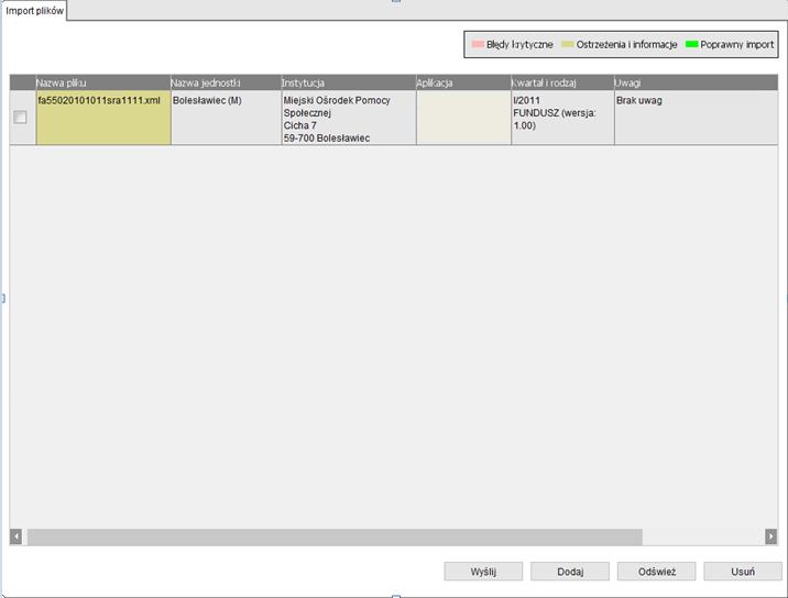 Oznaczenia kolorów w legendzie: Kolor różowy plik zawiera błędy krytyczne uniemożliwiające wczytanie pliku do bazy danych, Kolor oliwkowy plik zawiera ostrzeżenia i informacje, ale może zostać