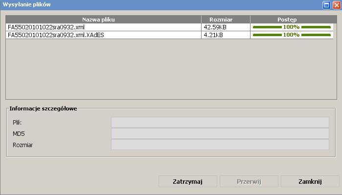 Po potwierdzeniu komunikatu pojawi się okno Wysyłanie plików. W oknie tym znajduje się informacja o dwóch plikach, które wysyłane są do bazy.