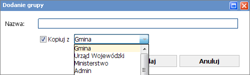 Pojawi się nowe okno, w którym użytkownik wpisuje nazwę nowej roli (w przypadku dodania oraz w przypadku jej zmiany).