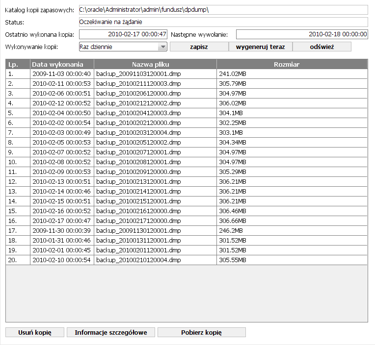 4.10 KOPIA BEZPIECZEŃSTWA BAZY DANYCH Aplikacja została wyposażona w możliwość tworzenia kopii bazy danych. Funkcja dostępna jest w Funkcje podstawowe -> Administracja -> Kopia bezpieczeństwa.