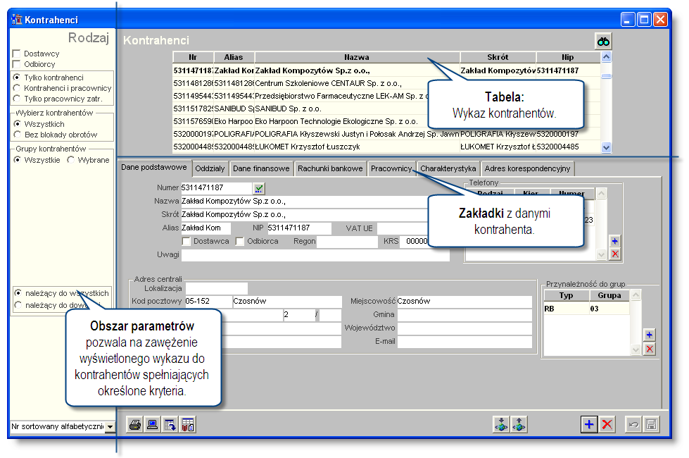 4 Sposób pracy z programem 8 Wykazy 168 strona 48 Wykazy 481 Kontrahenci Okno służy do wprowadzania danych kontrahentów Kontrahenci Dla czytelności informacje o kontrahencie zostały pogrupowane w