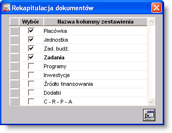 Sposób pracy z programem 4 Dokumenty planu 1 strona Na liście należy wybrać te kolumny, które znajdą się w rekapitulacji Ich kolejność ustalić można