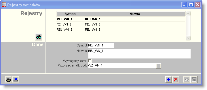 Sposób pracy z programem 4 Wnioski 2 strona 422 Rejestry wniosków Okno "Rejestry wniosków" umożliwia prowadzenie wykazu rejestrów, w których ewidencjonowane będą wnioski Rejestry te są wykorzystywane