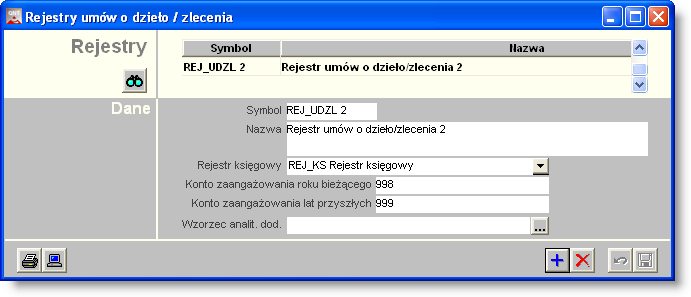 4 Sposób pracy z programem 3 Umow y 70 strona 435 Rejestry umów o dzieło/zlecenia Okno "Rejestry umów o dzieło/zlecenia" umożliwia prowadzenie wykazu rejestrów, do których będą wprowadzane umowy o