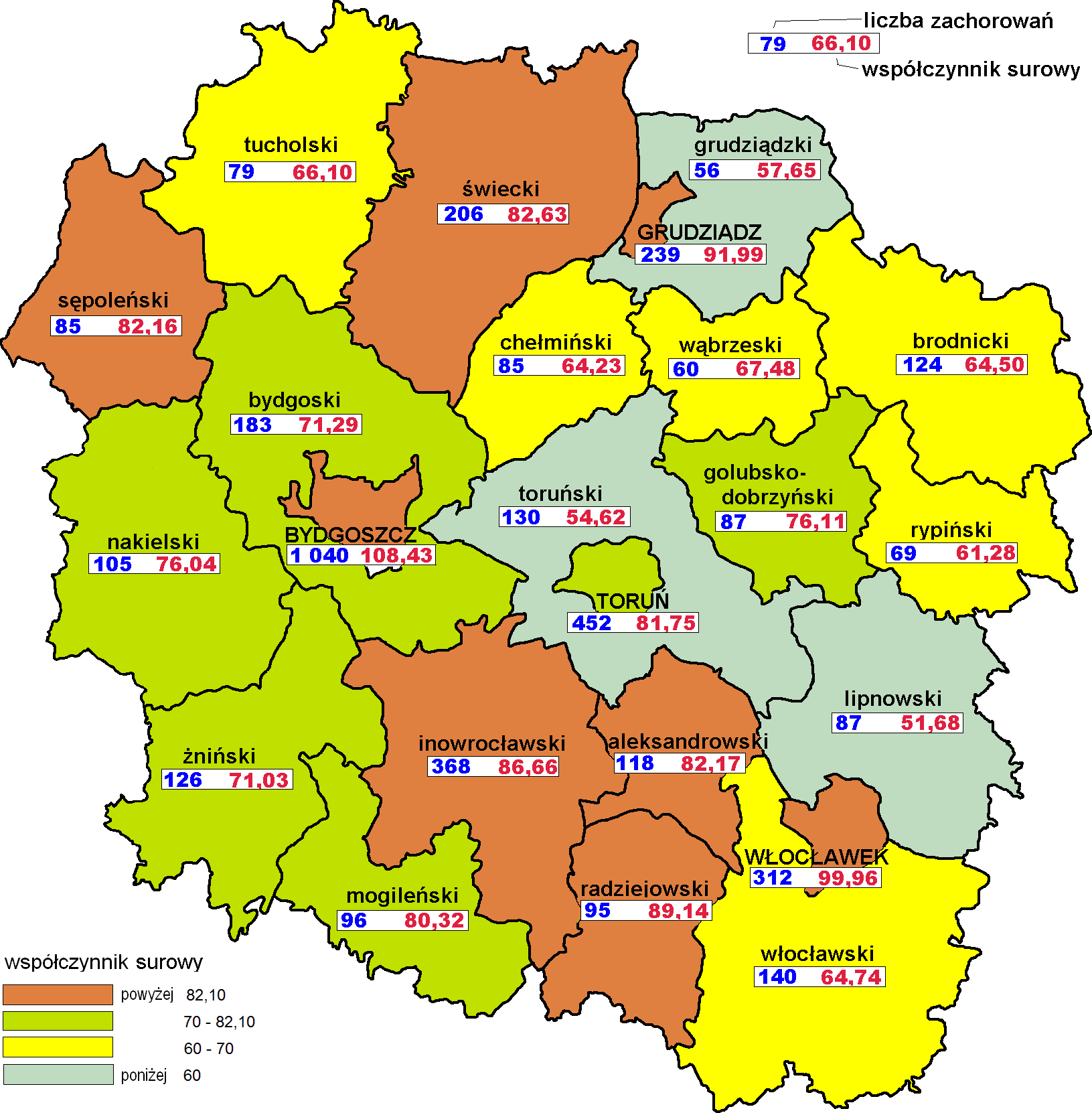 Ryc. 4. Współczynnik surowy nowotworów złośliwych piersi u kobiet w województwie kujawsko-pomorskim w latach 2006-2010 z podziałem na powiaty. Mapa. 1.