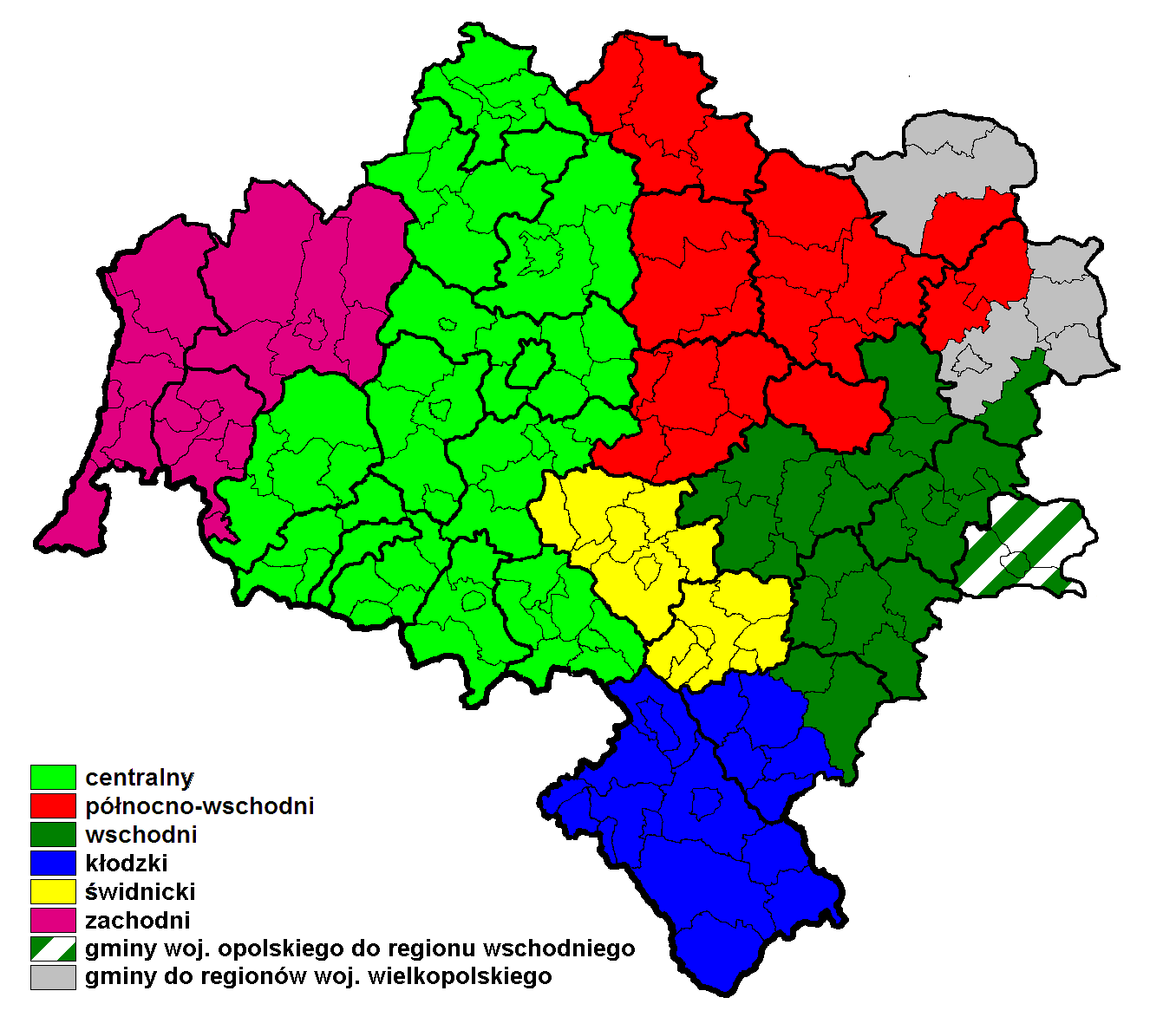 Ryc. 4-2 Wariant II podziału Województwa Dolnośląskiego na regiony gospodarki odpadami komunalnymi W wariancie II Region zachodni gospodarki odpadami pozostał bez zmian.