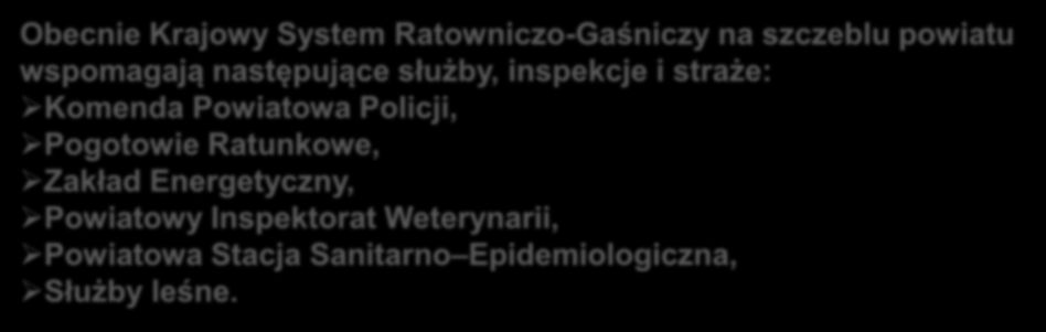 Stan ilościowy pojazdów pożarniczych powiatu bielskiego Podmioty KSRG Samochody gaśnicze specjalne Razem JRG 4 6 10 OSP w KSRG 14 2 16 OSP poza KSRG 31-31 Razem 49 8 57 Obecnie Krajowy System