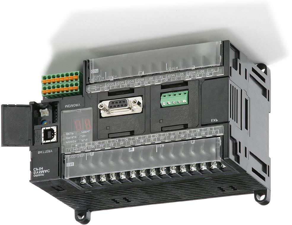 BUDOWA STEROWNIKA PLC NA PRZYKŁADZIE OMRON CP1H(L) Bateria Wyświetlacz LED 7-segmentowy Blok wejść dwustanowych Świetlana sygnalizacja stanu Port USB Kontrola wejść analogowych Interfejs RS232