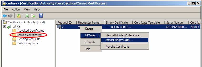 MoŜna to zrobić po przejściu do folderu Issued Certyficates i wybraniu opcji Export Binary data W kolejnym oknie wskazujemy opcję eksportu do pliku.