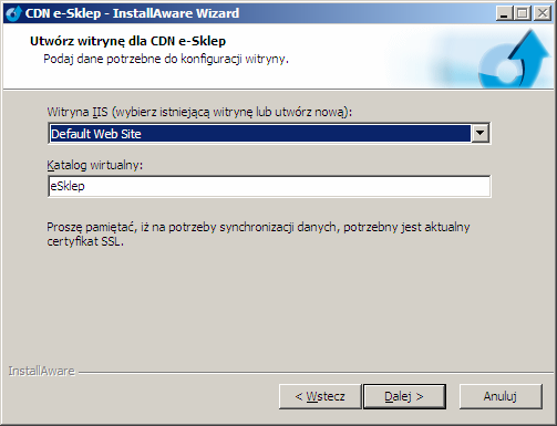 witryny, w której zostanie zainstalowany moduł CDN e-sklep wystarczy podać jej nazwę w polu Witryna IIS oraz uzupełnić pole port TCP oraz SSL.