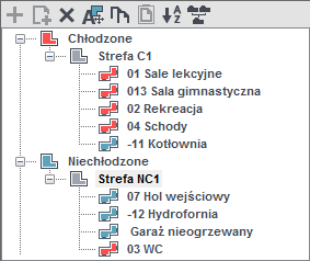 Opis obliczeń sezonowego zapotrzebowania na chłód na cele chłodzenia i wentylacji dodawanie nowych stref chłodu, Drzewko stref chłodu usuwania wstawionych stref, automatyczne przenoszenie stref