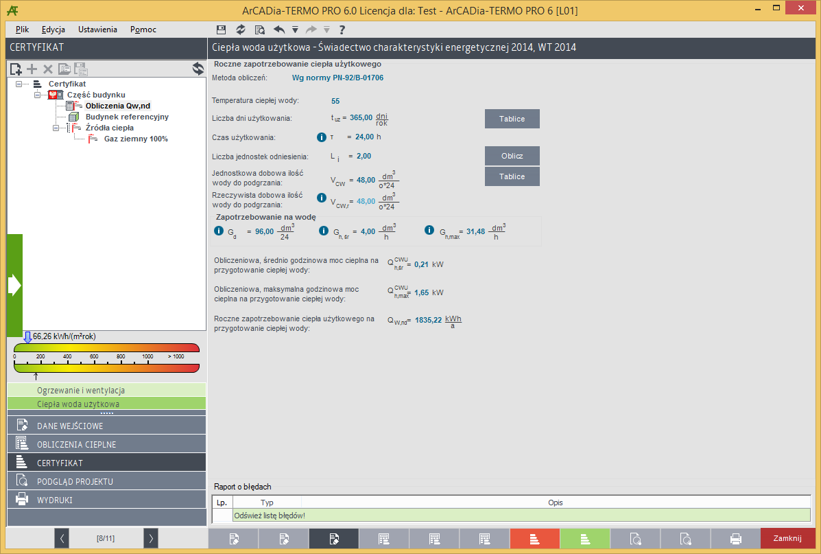 Certyfikat Q W,nd = V CW L i 4,19 1000 (55 10) k t 365 d 2,77 x10 7 [kwh/rok] Gdzie: V CW - wartość pobierana z pola JEDNOSTKOWE DOBOWE ZUŻYCIE CIEPŁEJ WODY Vcw L i - wartość pobierana z pola LICZBA