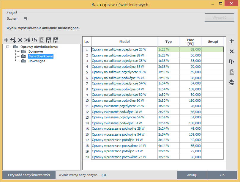 Certyfikat Baza opraw oświetleniowych KOLUMNA MOC [W] pole do wpisywania sumarycznej mocy opraw w pomieszczeniu, w przypadku wybrania opraw z bazy wartość wpisywana automatycznie KOLUMNA ILOŚĆ [szt.
