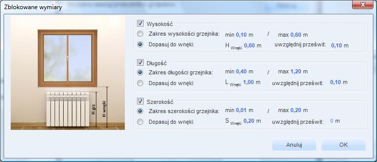 DOBÓR GRZEJNIKÓW Okno zblokowane wymiary Odznaczenie jednej z grup powoduje że nie uwzględniamy jej warunków przy doborze grzejnika.