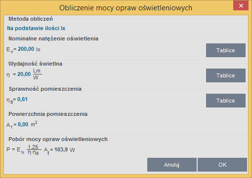 KLIMATYZACJA Obliczenia mocy opraw na podstawie mocy W/m 2 (uproszczona) JEDNOSTKOWA MOC ZAINSTALOWANA P/A [W/m 2 ] - pole do wpisywania liczby, użytkownik może skorzystać z podpowiedzi wciskając