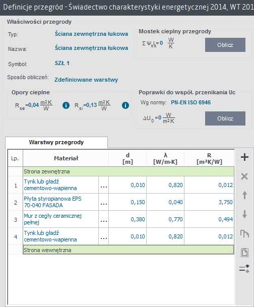 Opis obliczeń współczynnika przenikania ciepła U przegród Właściwości przegród.