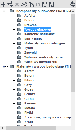 Opis obliczeń współczynnika przenikania ciepła U przegród Drzewko katalogów materiałów dodawanie nowego folderu, dodawanie folderu poniżej istniejącego, usuwanie folderu, zmiana bazy z normowej na