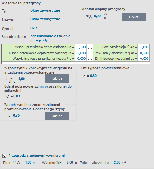 Opis obliczeń współczynnika przenikania ciepła U przegród GRUPA PRZEGRODY Z ZADANYMI WYMIARAMI zaznaczenie pola powoduje włączenie automatycznego wstawiania wymiarów przegrody (H - wysokości, W-