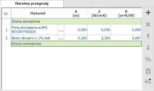 Opis obliczeń współczynnika przenikania ciepła U przegród Właściwości przegrody typu Ściana na gruncie OPORY CIEPLNE Rsi pole do wstawiania wartości oporów przejmowania ciepła na wewnętrznej