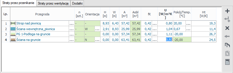 Opis obliczeń strat ciepła w pomieszczeniu (zależny od kierunku strat ciepła). Straty przez grunt obliczane są wraz z stratami przez przenikanie.