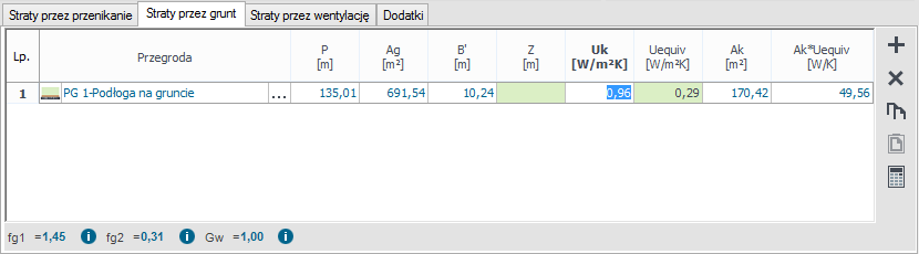 Opis obliczeń strat ciepła w pomieszczeniu WSPÓŁCZYNNIK PROJEKTOWANEJ STRATY CIEPŁA HT [W/K] pole służące do podglądu i edycji wyników dla danej przegrody.