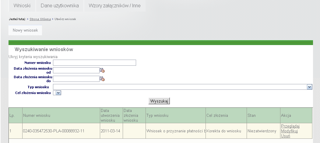 Uwaga: Po użyciu przycisku <Utwórz wniosek> nie ma możliwości edycji typu wniosku oraz celu jego złożenia.