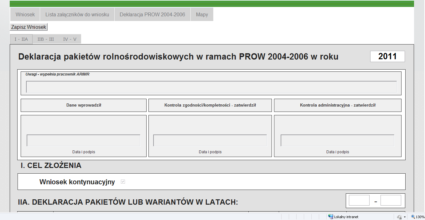 Ekran 90 - pierwsza strona Deklaracji pakietów rolnośrodowiskowych PROW 2004-2006 W zależności od realizowanych pakietów/wariantów należy na właściwej stronie wpisad powierzchnie jego realizacji w