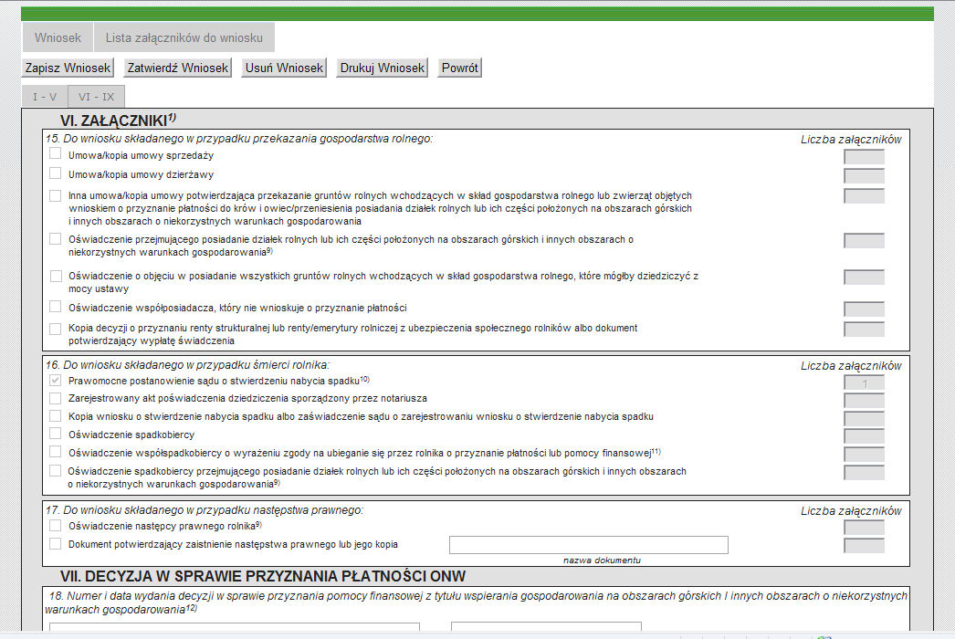 012345678 Nowak 535353534535 345345345345 Anna Ekran 107 dane identyfikacyjne przejmującego lub spadkobiercy Sekcja VI informacje o załącznikach uzupełniana jest po dołączeniu i zapisaniu wniosku