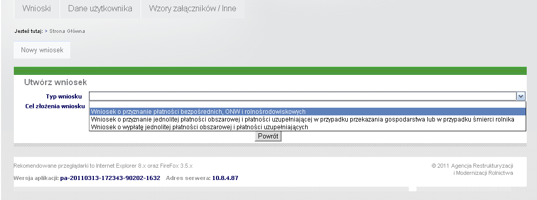 Po zalogowaniu się do systemu teleinformatycznego Agencji, aby przejśd do wprowadzania wniosków przez Internet należy użyd przycisku <Wnioski przez Internet> (Ekran 7).