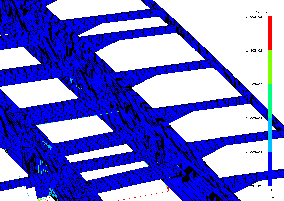 Rys. 6. Obliczony rozkład napręŝeń w konstrukcji ramy nośnej dla pierwszego przypadku obciąŝeniowego Fig. 6. Reduced stress distribution in carrying frame for first loading case Rys. 7.