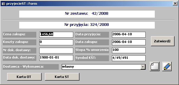 Przyjecie Środka Trwałego Dany Zestaw może być przyjęty na stan jako środek trwały. Z poziomu formularza Zestawy poprzez przycisk Przyjęcie ST można uzyskać dostęp do formularza Przyjęcie ST.