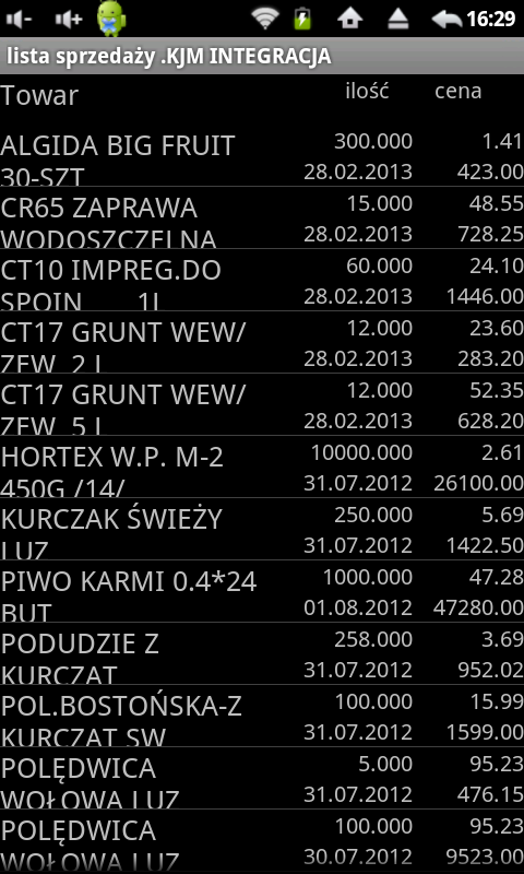 Dostępna opcja sprzedaż 3 wyświetla ostatnio sprzedane towary w formie listy asortymentowej z datą sprzedaży, ilości, ceny