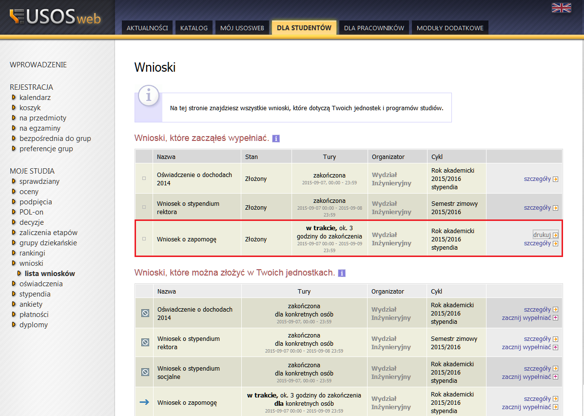 Po wydrukowaniu, w chwili kiedy przejdziesz do modułu głównego WNIOSKI wyświetli się w