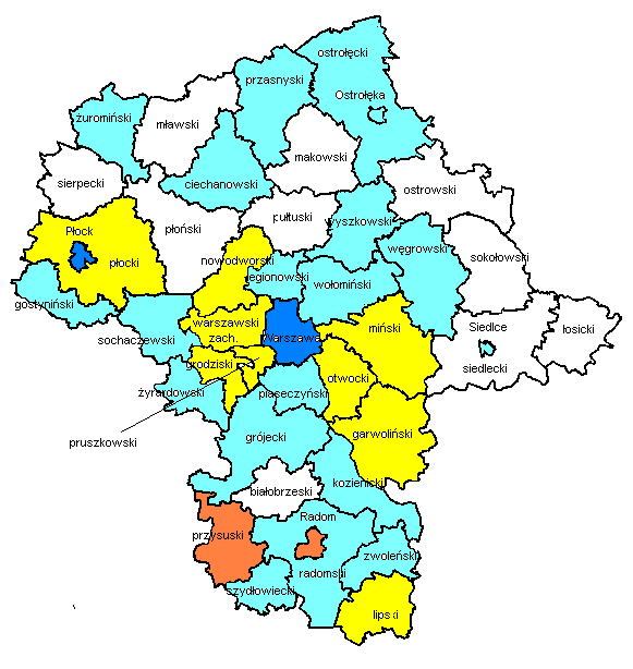 Legenda: Kolor biały : 0 wtz; Kolor niebieski: 1 wtz; Kolor żółty: 2 wtz; Kolor czerwony: 3 wtz; Kolor ciemnoniebieski : powyżej 3 wtz.