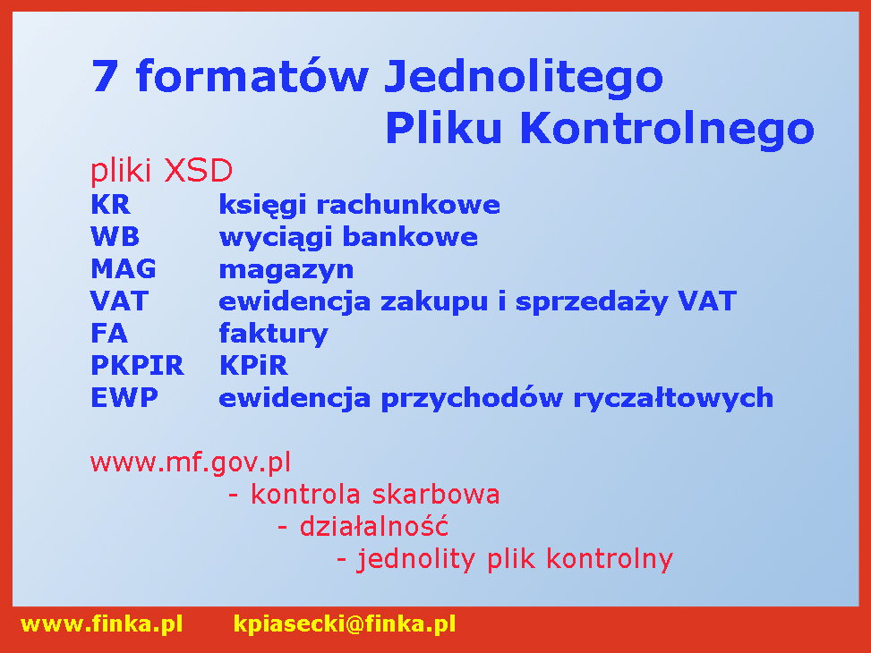 11 5. Formaty i zawartość informacyjna Jednolitego Pliku Kontrolnego Jednolity Plik Kontrolny to w rzeczywistości 7 różnych formatów plików, co oczywiście stanowi dużą redukcję w stosunku do obecnie