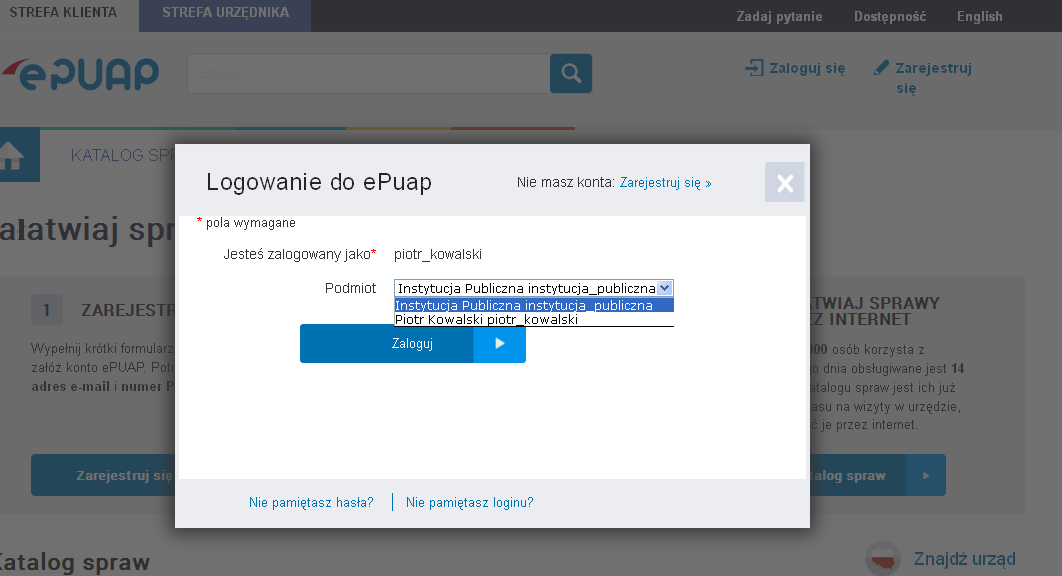 3.3 Logowanie i wybór podmiotu Krok 1.