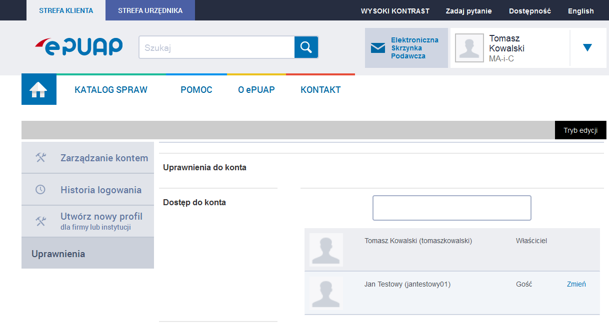 5.2 Zarządzanie uprawnieniami Użytkownik, który przyjmie zaproszenie do organizacji, automatycznie jest widoczny na koncie danej instytucji w Zarządzaniu kontem, w sekcji Uprawnienia.