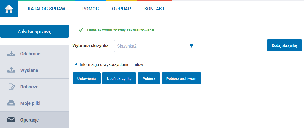 Rysunek 39. Ustawienia skrzynki W ustawieniach skrzynki możesz zmienić adres e-mail na jaki przychodzą powiadomienia o nowych dokumentach 1 Krok 7.