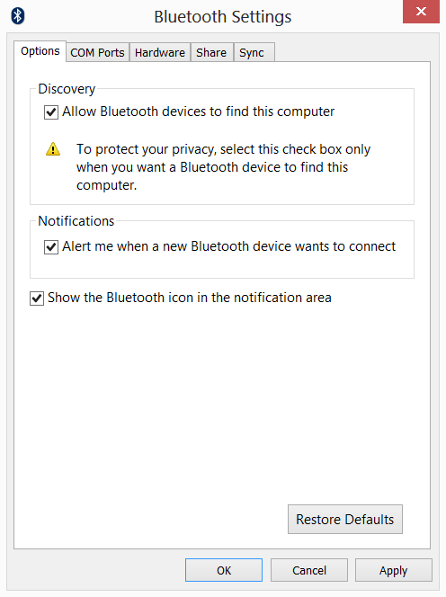 4. Zaznacz pole wyboru Zezwalaj urządzeniom Bluetooth na odnalezienie tego komputera, kliknij Zastosuj, a następnie kliknij OK.