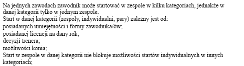 3. W skład zespołu woltyżerskiego wchodzą: 4-7 (kat. Az-1 i Az-2)/ minimum czworo i maksimum ośmioro zawodników (kat. Bz i Cz), koń oraz lonżujący.