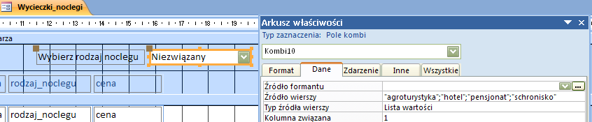 na 9 i 10 Zrób formularz filtrowany polem kombi, aby wyświetlał tylko wycieczki o wybranym rodzaju noclegu Przygotuj kwerendę wybierającą wszystkie dane z tabeli Wycieczki.