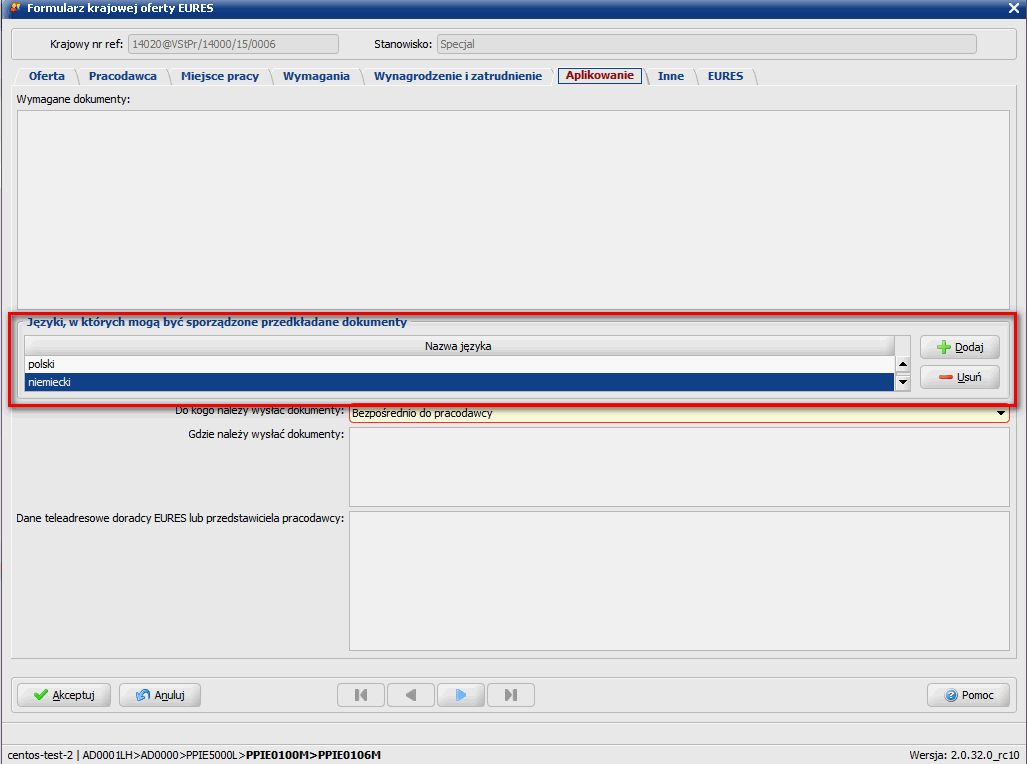 2. Na zakładce Aplikowanie formularza krajowej oferty EURES (PPIE0100M) zostało umożliwione wskazanie kilku języków aplikowania.