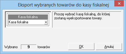 Podręcznik użytkownika Sage Symfonia Handel (Sprzedaż) 101 Kod paskowy Rys. 71 Okno operacji Eksport wybranych towarów do kasy fiskalnej.