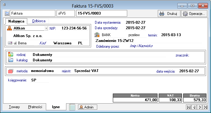 Podręcznik użytkownika Sage Symfonia Handel (Sprzedaż) 114 sprzedaży nie objętej podatkiem VAT tabela rozliczenia podatku jest pusta, a w polu Kwota VAT wpisane jest NIE PODLEGA.