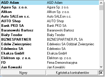 Podręcznik użytkownika Sage Symfonia Handel (Sprzedaż) 19 Wybór kontrahenta W oknie wyboru kontrahenta, pracownika lub urzędu dostępne są następujące narzędzia: przycisk Nowy - Otwiera okno