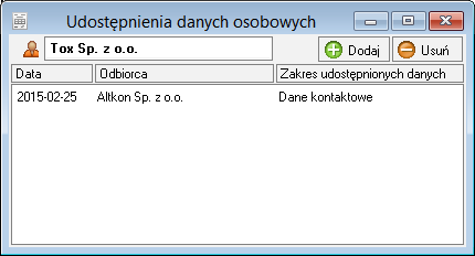 Podręcznik użytkownika Sage Symfonia Handel (Sprzedaż) 34 Ochrona danych - Okno Ochrona danych osobowych przedstawia informacje dotyczące osoby, której dane są przetwarzane w programie.