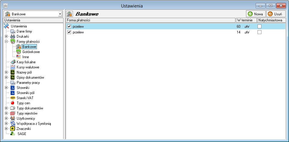 Podręcznik użytkownika Sage Symfonia Handel (Sprzedaż) 76 Formy płatności Ustawienie to umożliwia definiowanie form płatności używanych we wszystkich miejscach wykorzystania rejestru płatności.