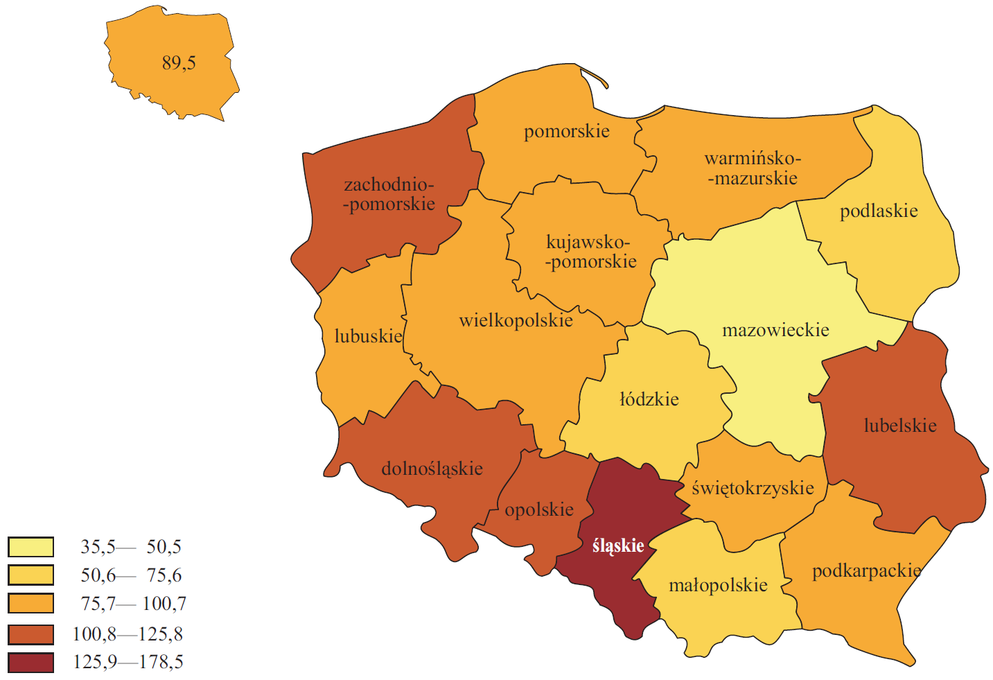 W rozkładzie terytorialnym wskaźnika zatrudnionych w warunkach zagrożenia (rys. 13) wyróżnia się województwo śląskie, dla którego w 2013 roku wskaźnik ten wynosił 180,8 na 1000 zatrudnionych.