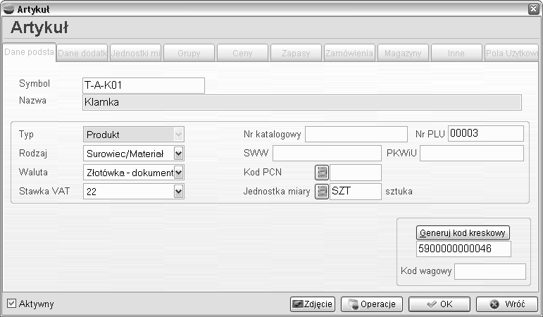 Jeżeli chcemy wprowadzić nowy surowiec/materiał lub odpad, typem artykułu konieczne musi być Produkt. Jest to wartość domyślna pierwszego selektora. W następnym selektorze określamy rodzaj produktu.